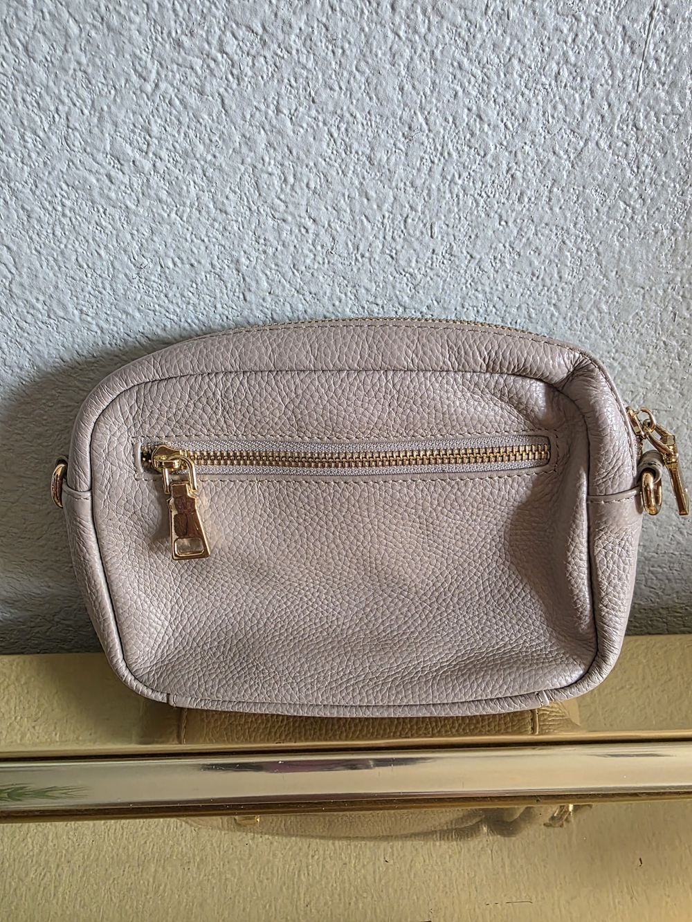 Pebbled Leather Crossbody Bag in Beige with Gold Hardware